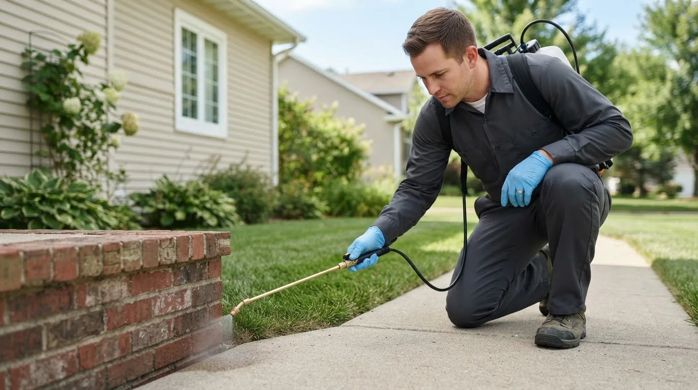 Pest control technician treating a home near Warba, MN