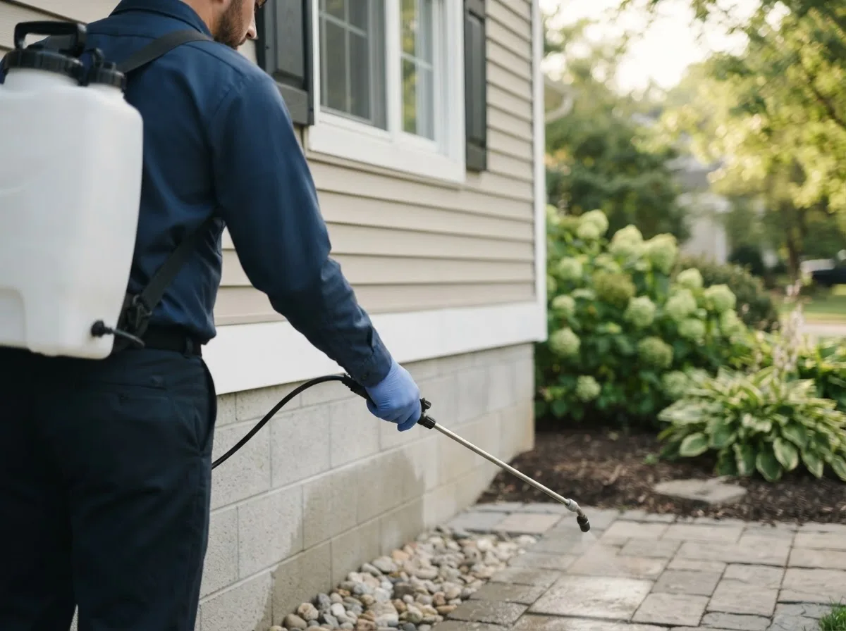 Pest control technician inspecting a home in Warba, MN